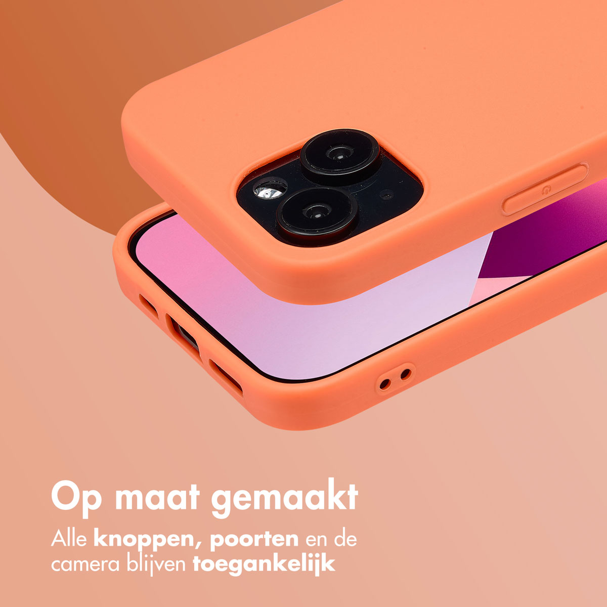 Orange Handyhülle mit Telefon. Text: Maßgeschneidert. Alle Knöpfe und Kamera zugänglich.