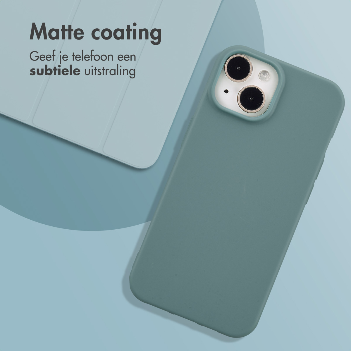 Phone in a teal case. White cover beside it. Matte coating gives a subtle shine.