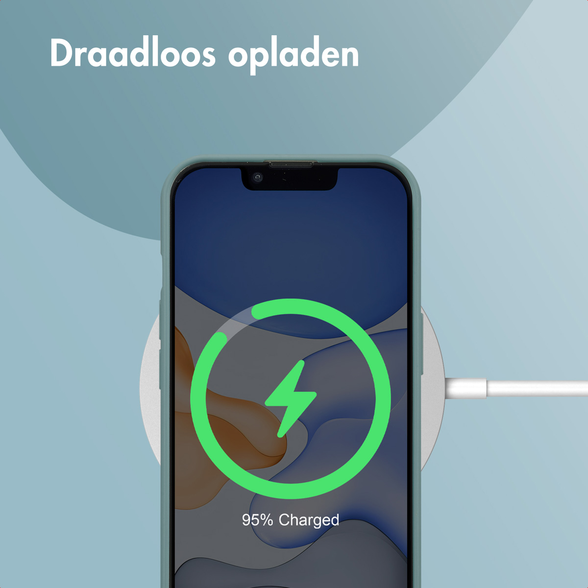 A phone is on a white wireless charger. A green lightning bolt shows it is charging.