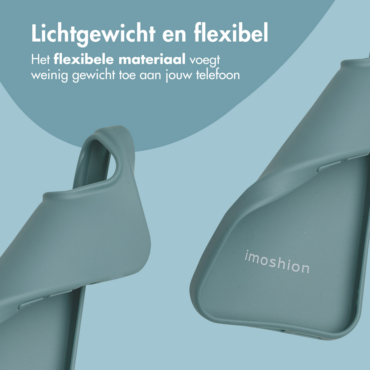 Two teal phone cases with text. White logo on the case, blue background.