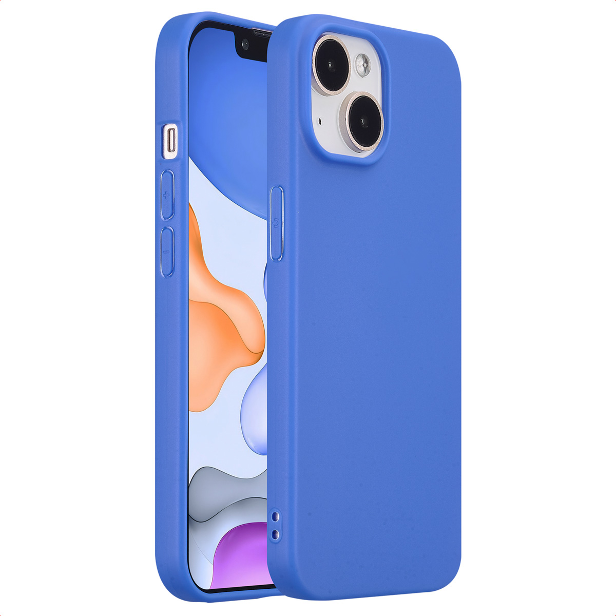 Blue phone case, phone inside. White background, phone buttons visible.