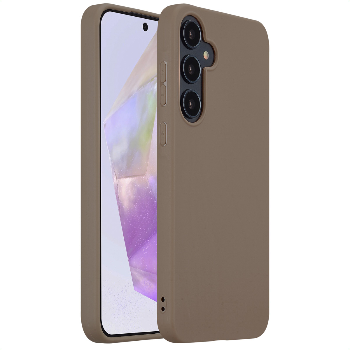 Een telefoon in een bruine hoes. De hoes heeft camera- en knopuitsparingen. De achtergrond is wit.