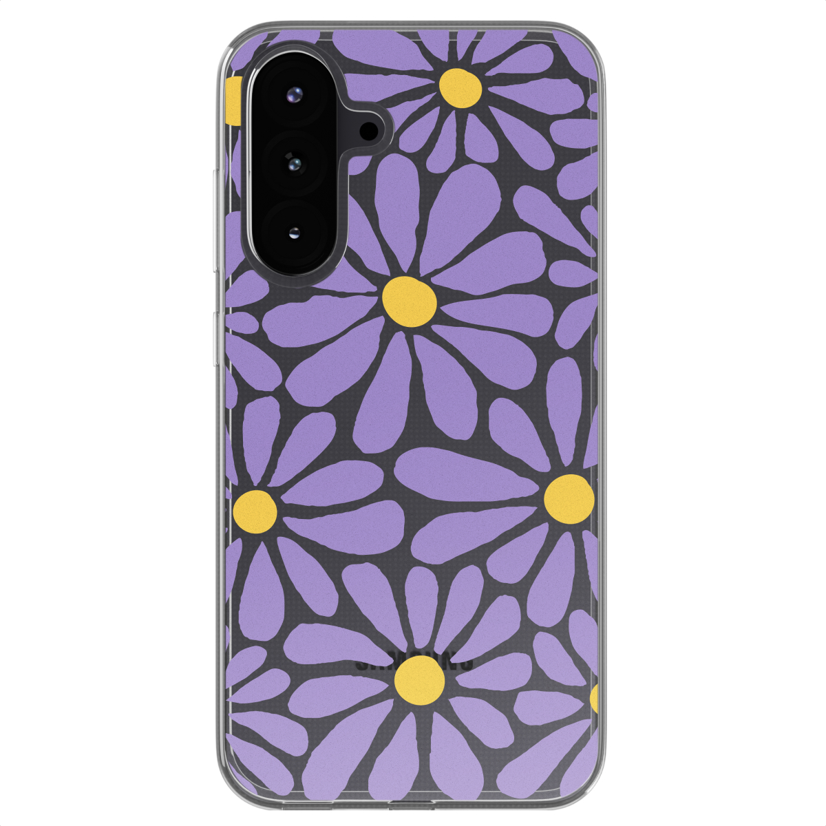 Transparante telefoonhoes met paarse en gele madeliefjespatroon. Telefoon erin.