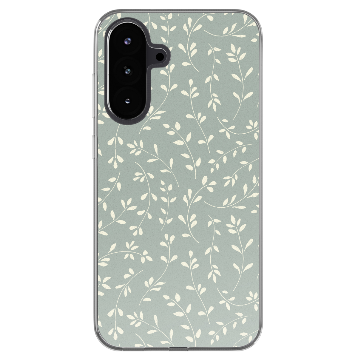 Telefoonhoesje met een bloemenpatroon. De achtergrond is lichtgroen. Witte bladeren zijn over de hoes verdeeld.