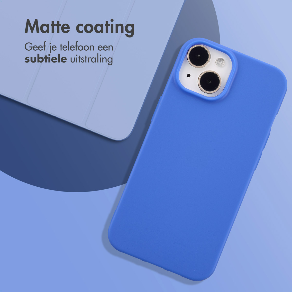 Blue phone case and an opened white case, on a blue background. Text about matte coating.