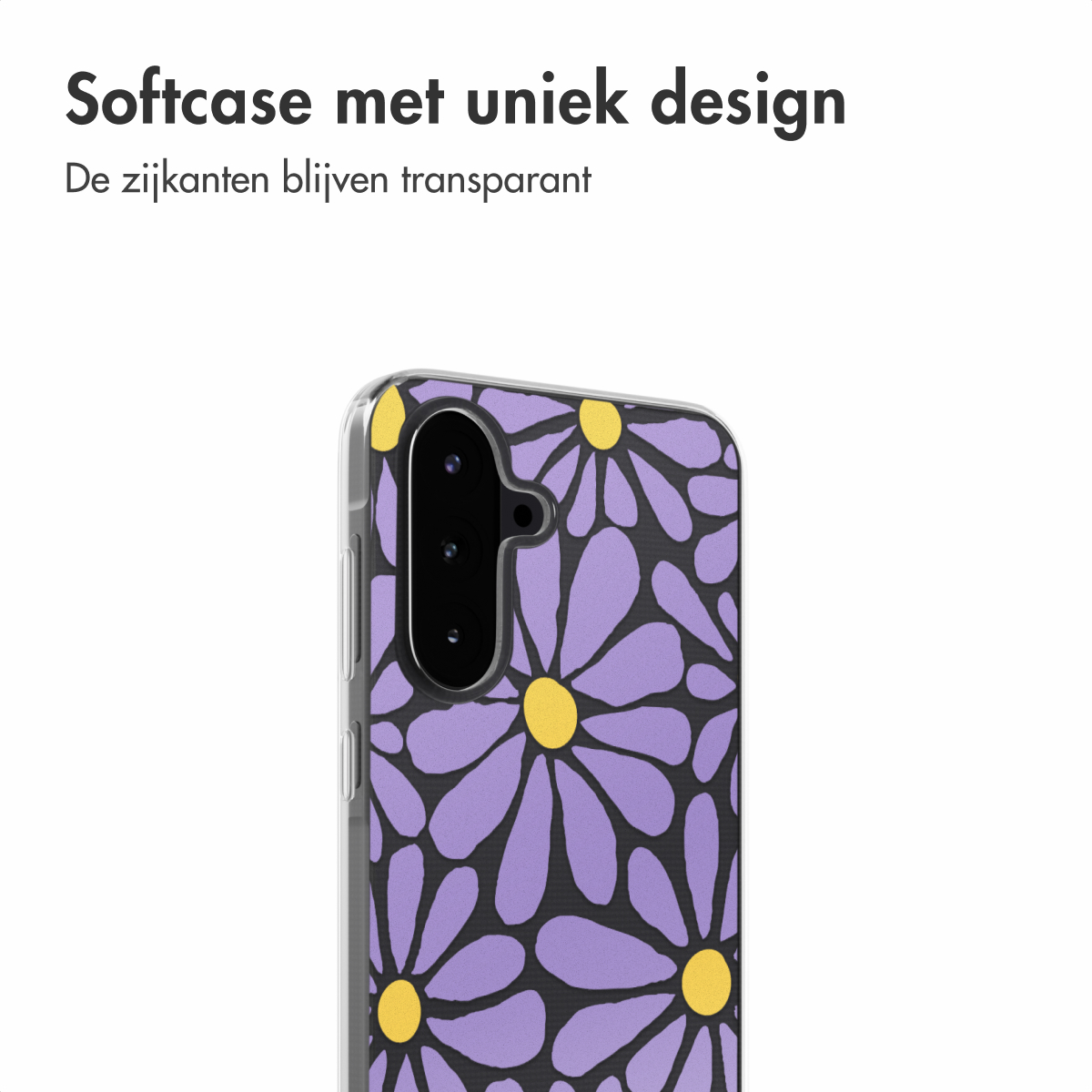 Telefoonhoes met paars bloemendesign. Tekst: Softcase met uniek design. Zijkanten transparant.