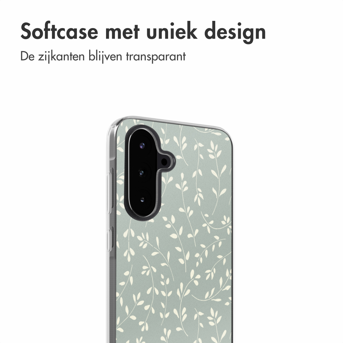 Een telefoonhoesje met een wit bloemmotief. De zijkanten van de hoes zijn transparant.