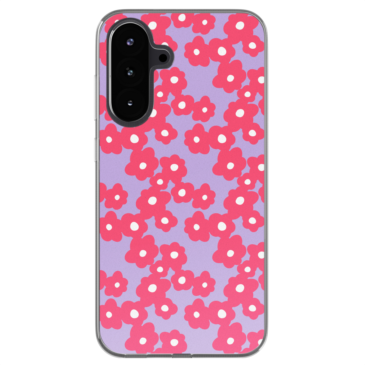 Telefoonhoesje met roze bloemen op een paarse achtergrond.