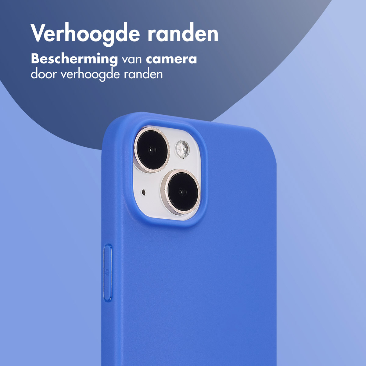 Blue phone case with raised edges, protecting camera. Gradient blue background.
