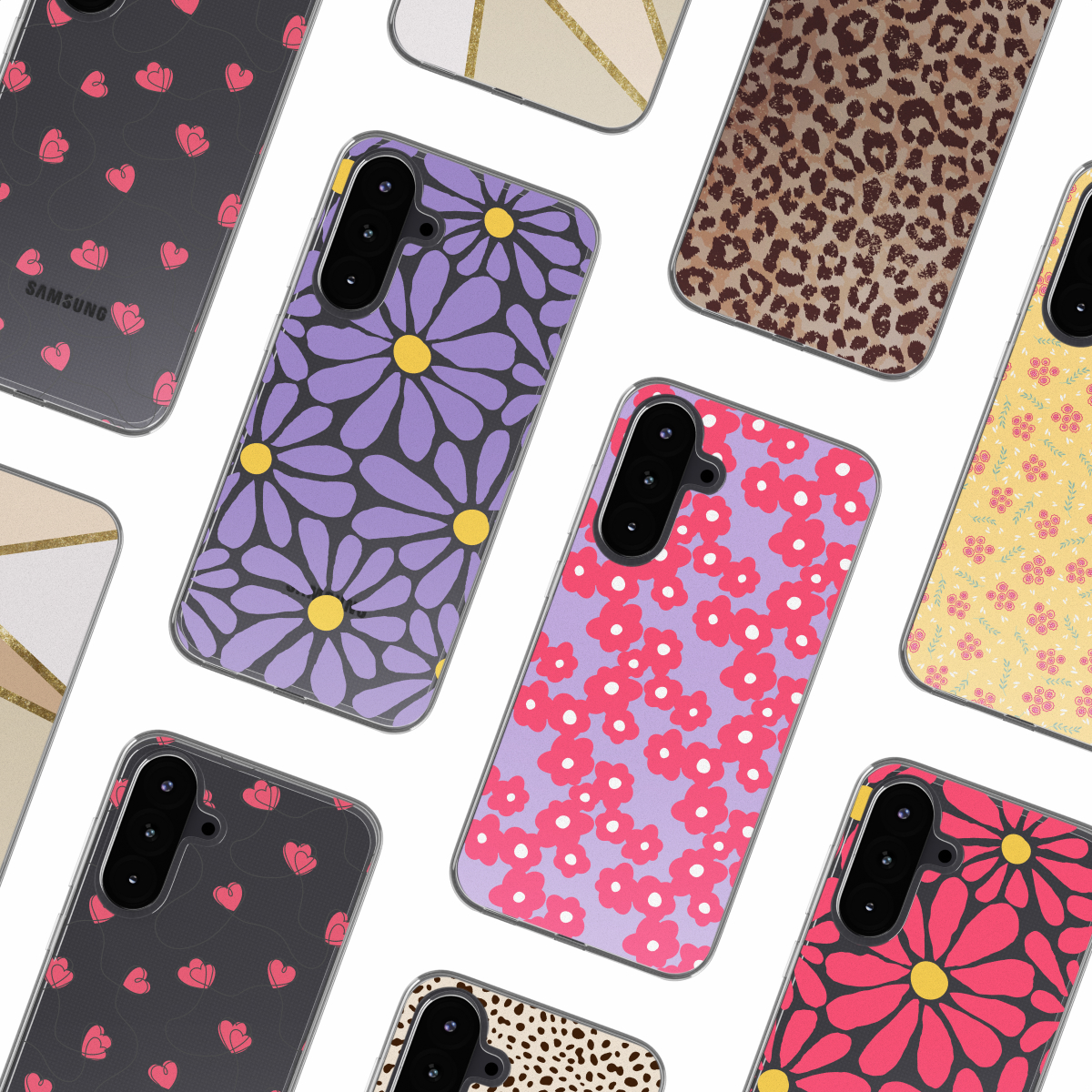 Negen telefoonhoesjes met verschillende patronen: harten, bloemen en geometrische vormen.