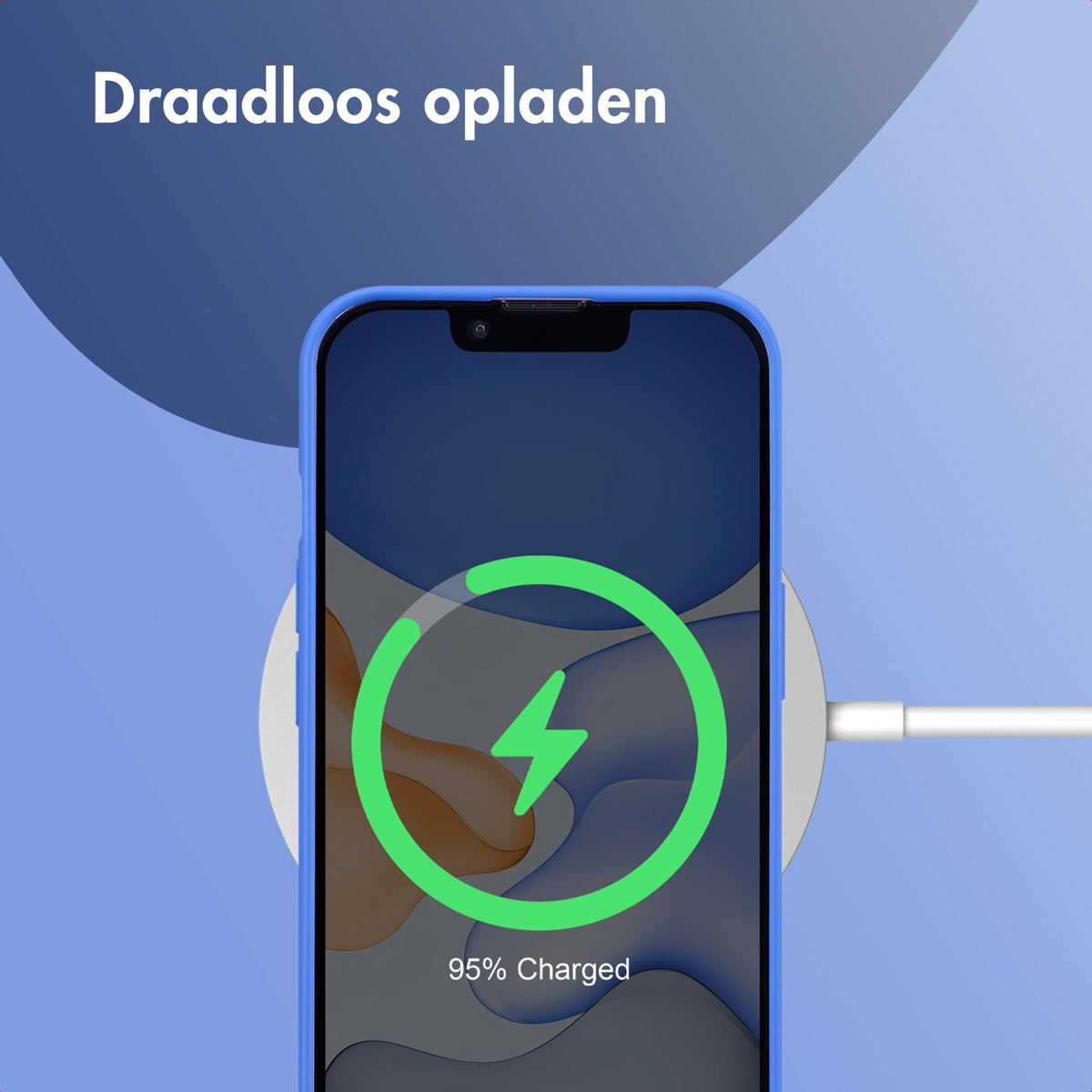 A phone charging wirelessly with a green lightning bolt icon indicating 95% charged. Blue phone case.