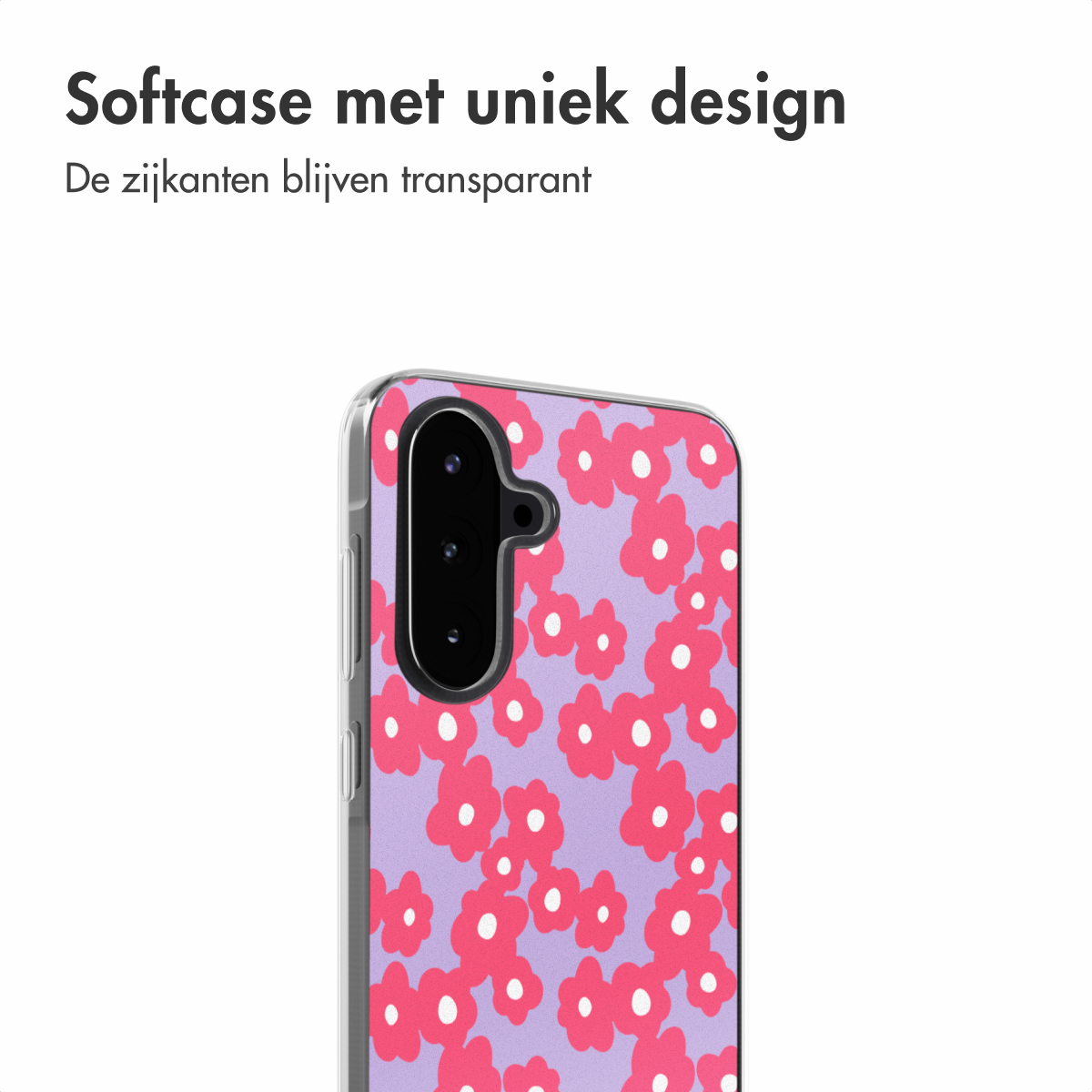 Telefoonhoesje met roze bloemenpatroon. Transparante zijkanten.
