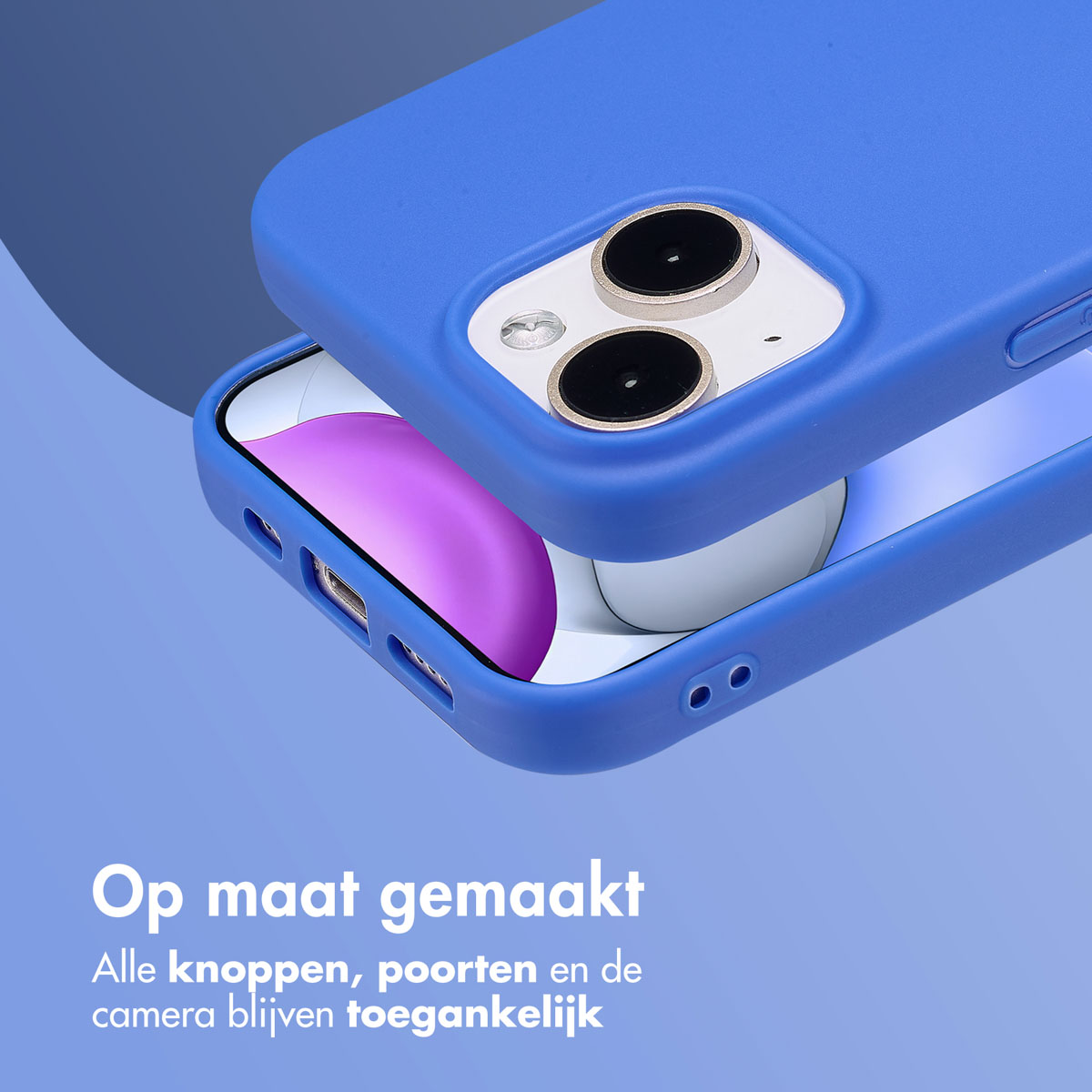 Blue phone case over a phone. Showing all buttons, ports, and the camera are accessible.