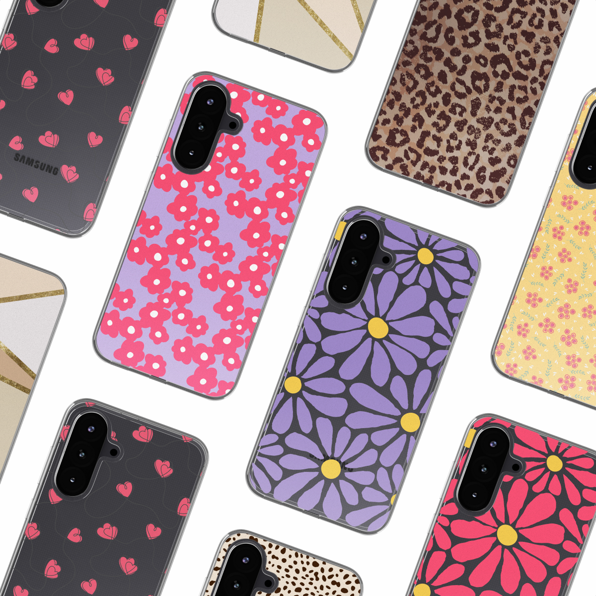 Een verzameling telefoonhoesjes met verschillende patronen: harten, geometrisch, strepen en bloemen. Witte achtergrond.