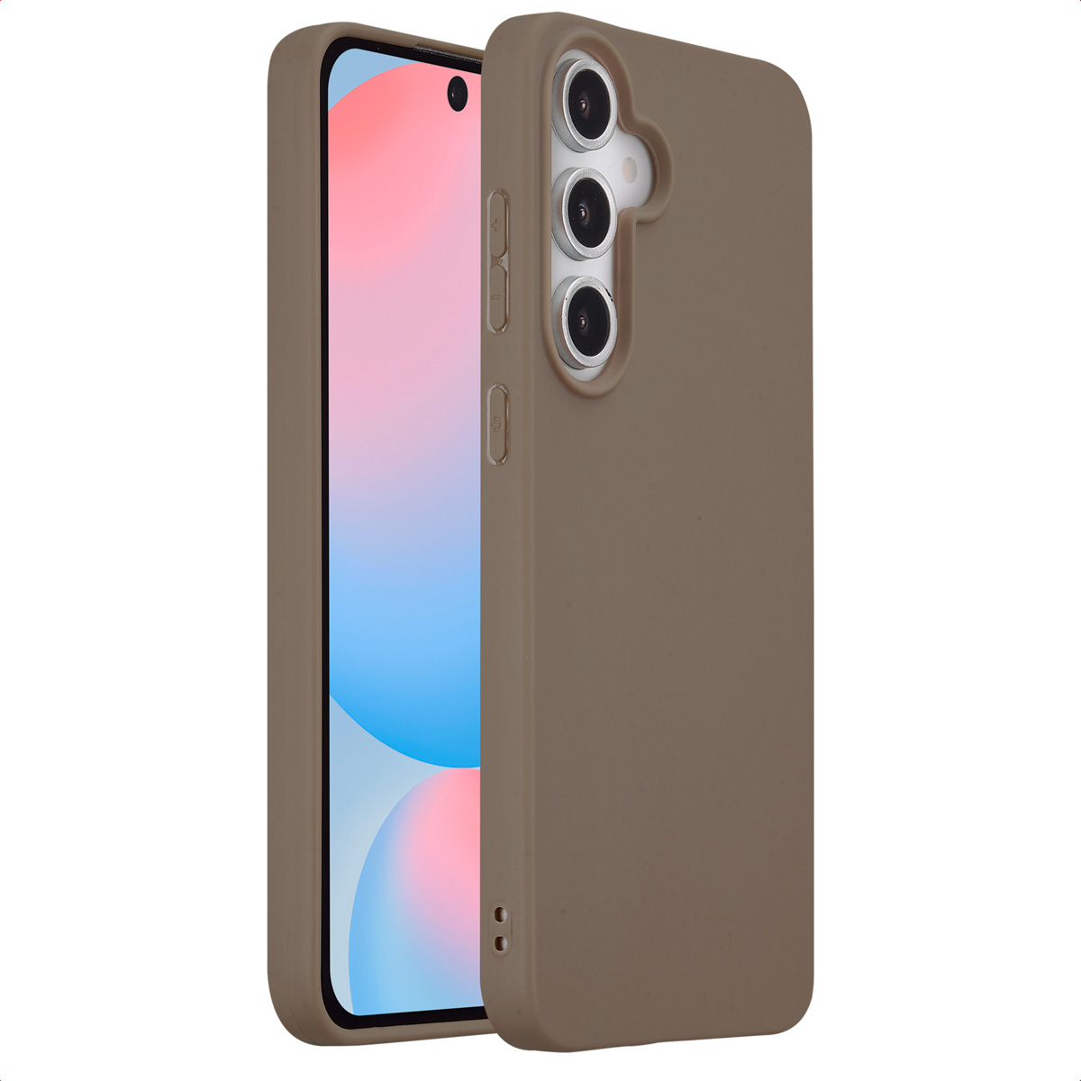 Beige telefoonhoes, gedeeltelijk open, scherm zichtbaar. Witte achtergrond.