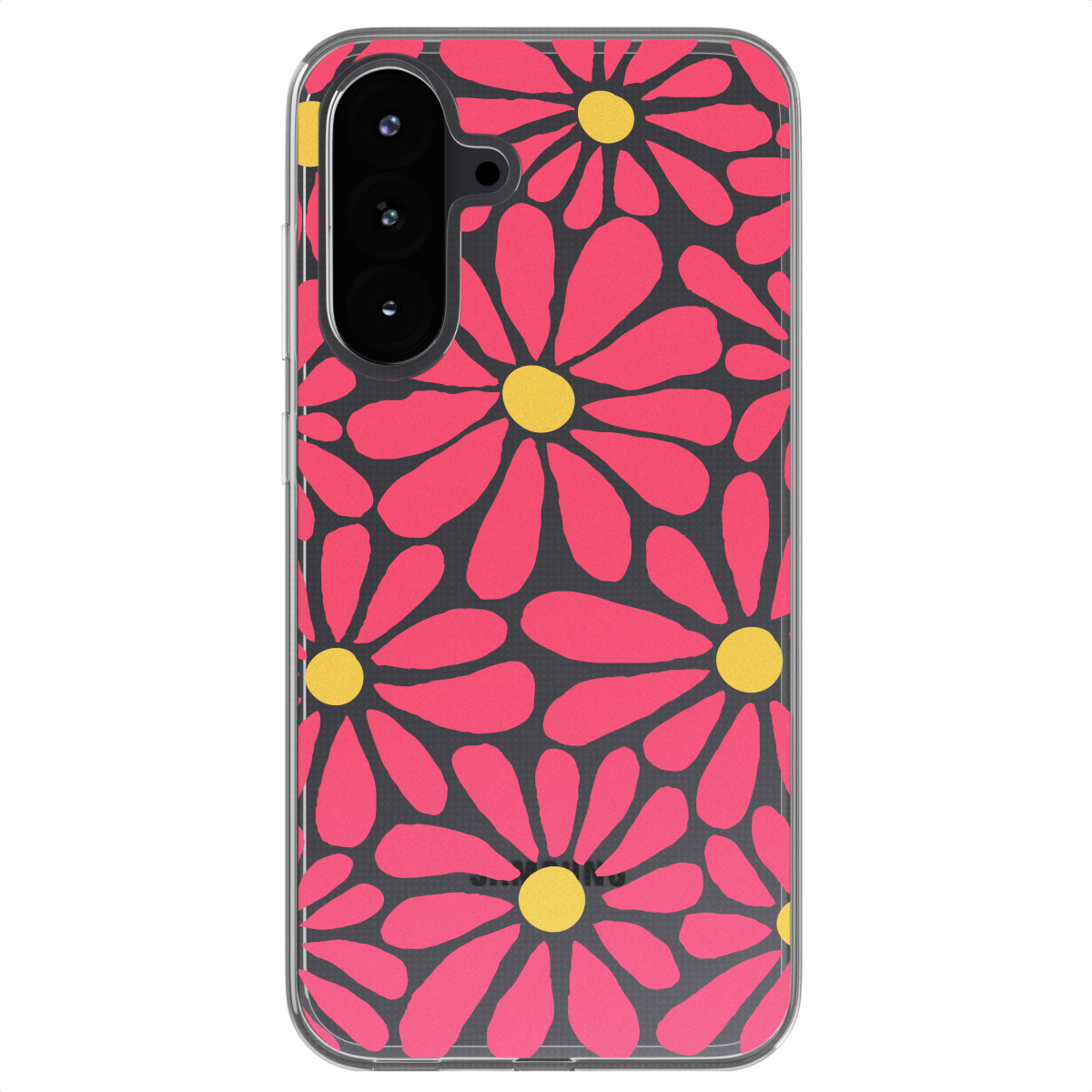 Coque de téléphone avec de grandes fleurs roses sur fond gris. Centres de fleurs jaunes.