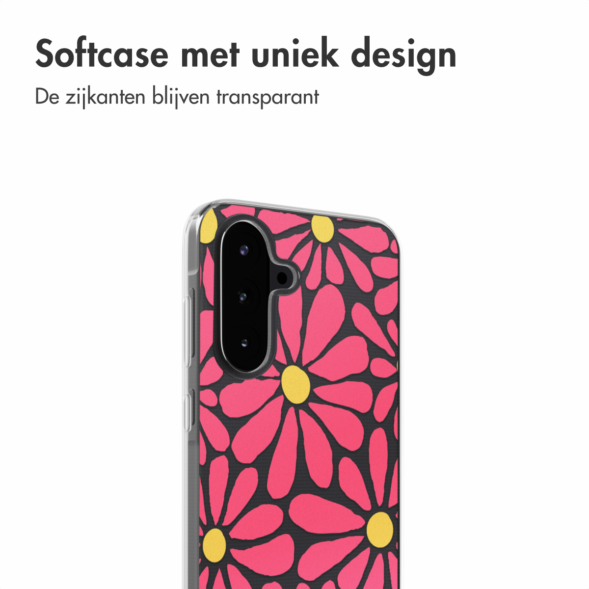 Une coque de téléphone avec un motif floral rose et jaune, fond noir. La coque est transparente sur les côtés.