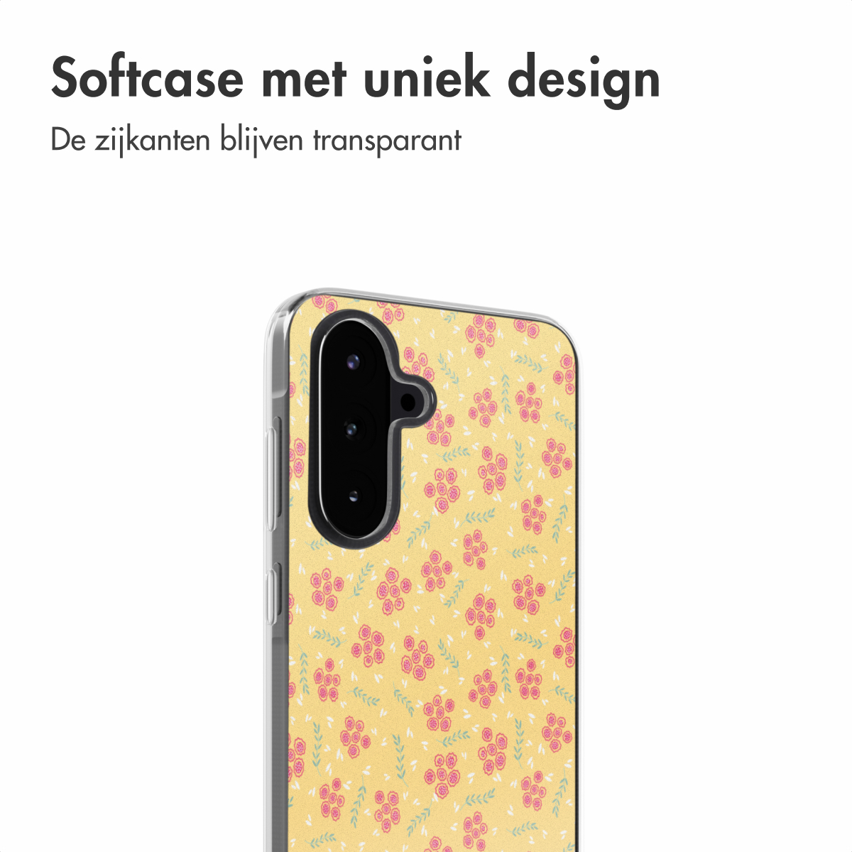 Telefoonhoesje met gele achtergrond en roze bloemen. Transparante zijkanten.