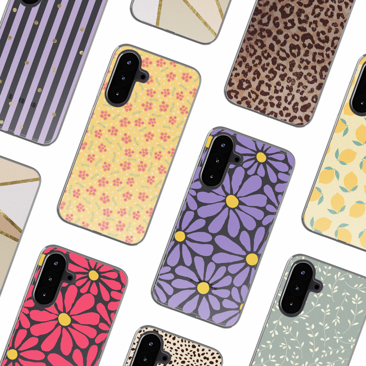 Close-up van verschillende telefoonhoesjes met verschillende patronen, waaronder bloemen, strepen en dierenprints.