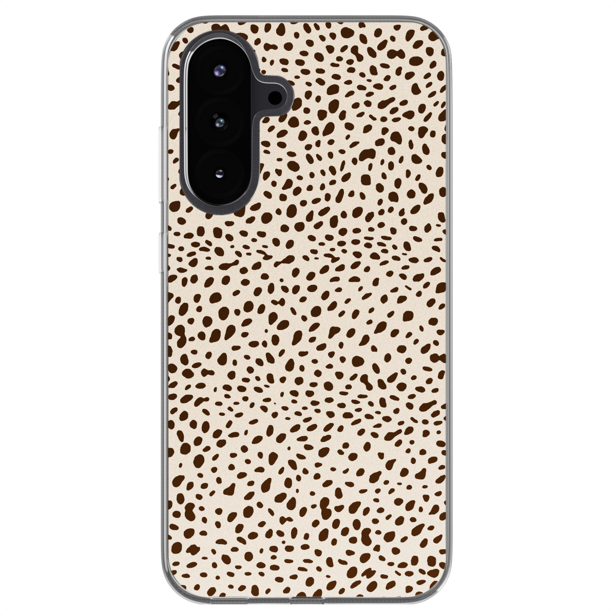 Une coque de téléphone avec un fond crème et des points marron éparpillés. Une caméra est centrée en haut.