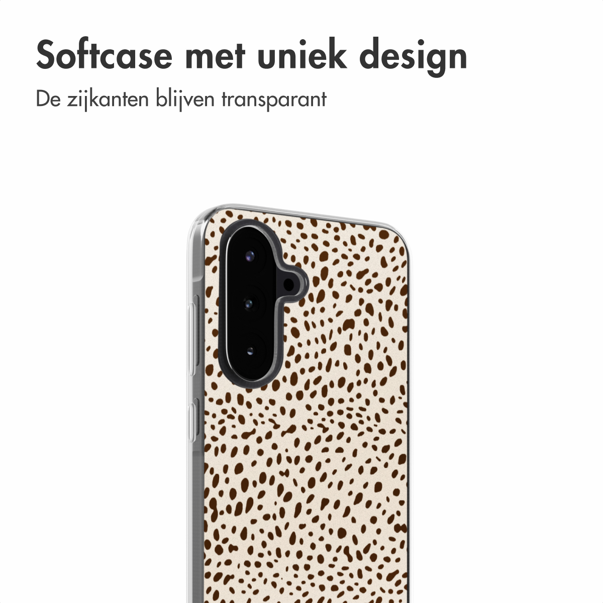 Coque avec fond blanc, design à pois marrons. Caméra du téléphone visible.