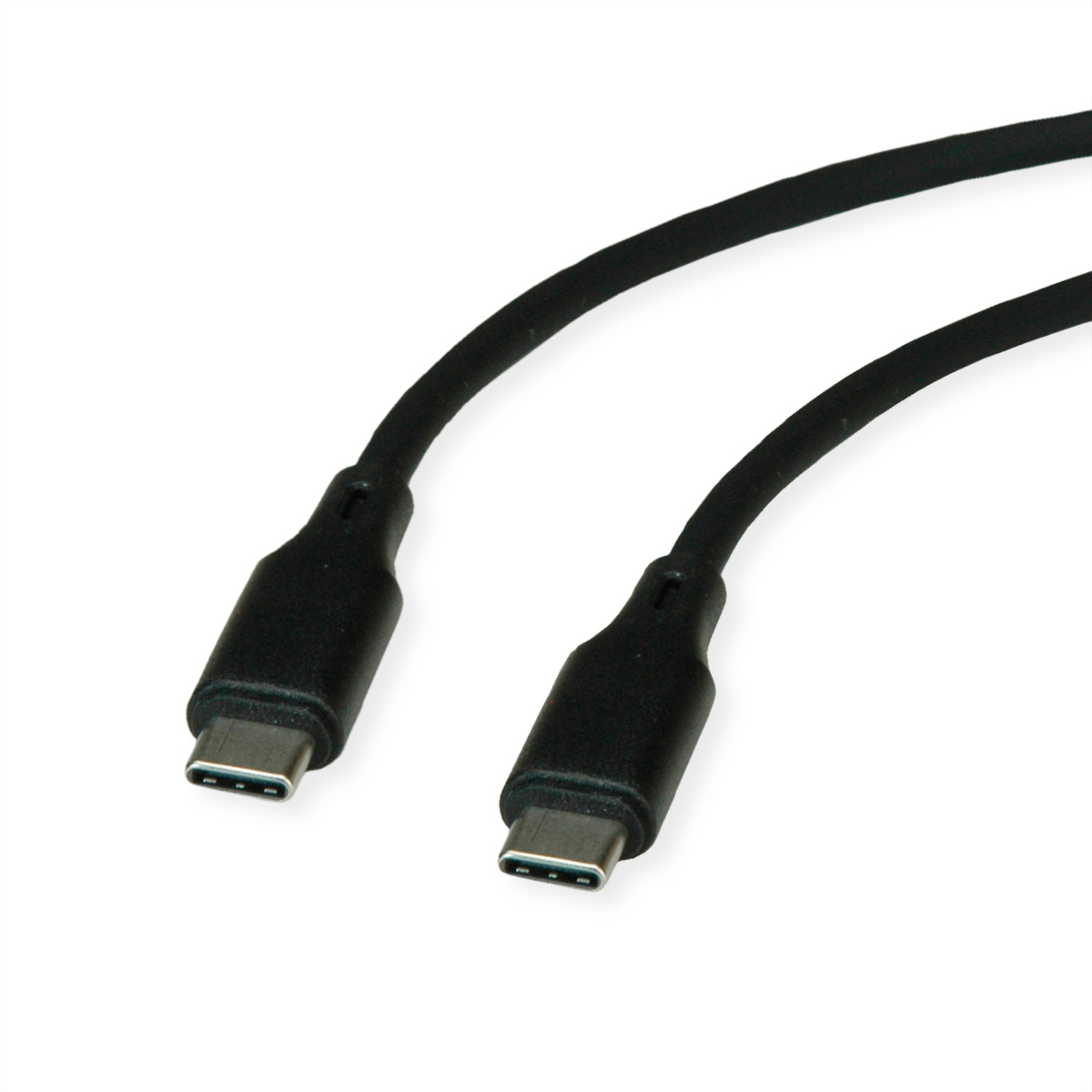Deux câbles USB-C noirs sur fond blanc. Les câbles sont côte à côte.