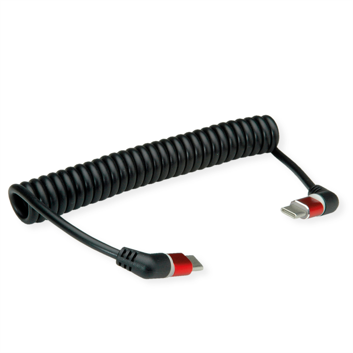 Un câble de charge noir enroulé avec un connecteur USB-C à chaque extrémité, dont un avec des accents rouges.