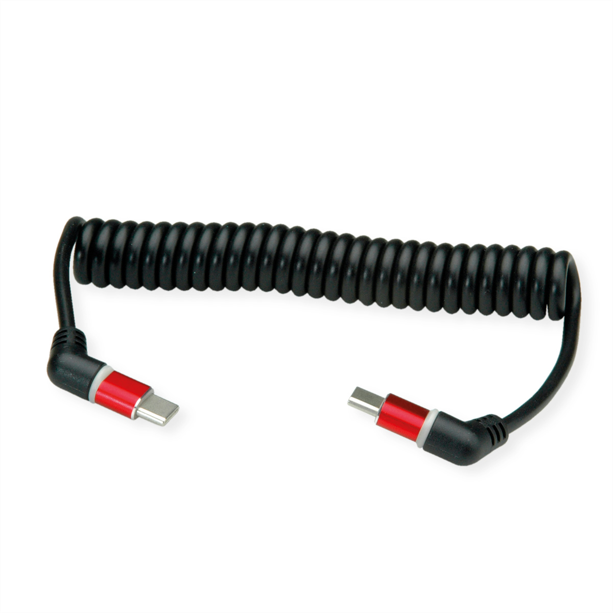 Câble de charge noir enroulé avec connecteurs rouges et noirs. Connecteurs coudés.