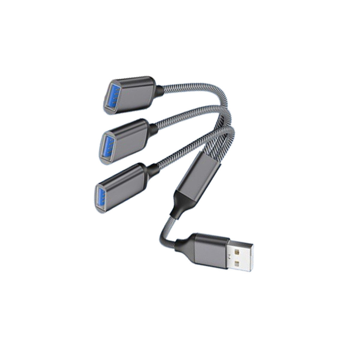 USB-Hub mit 3 Anschlüssen und einem grauen Kabel.
