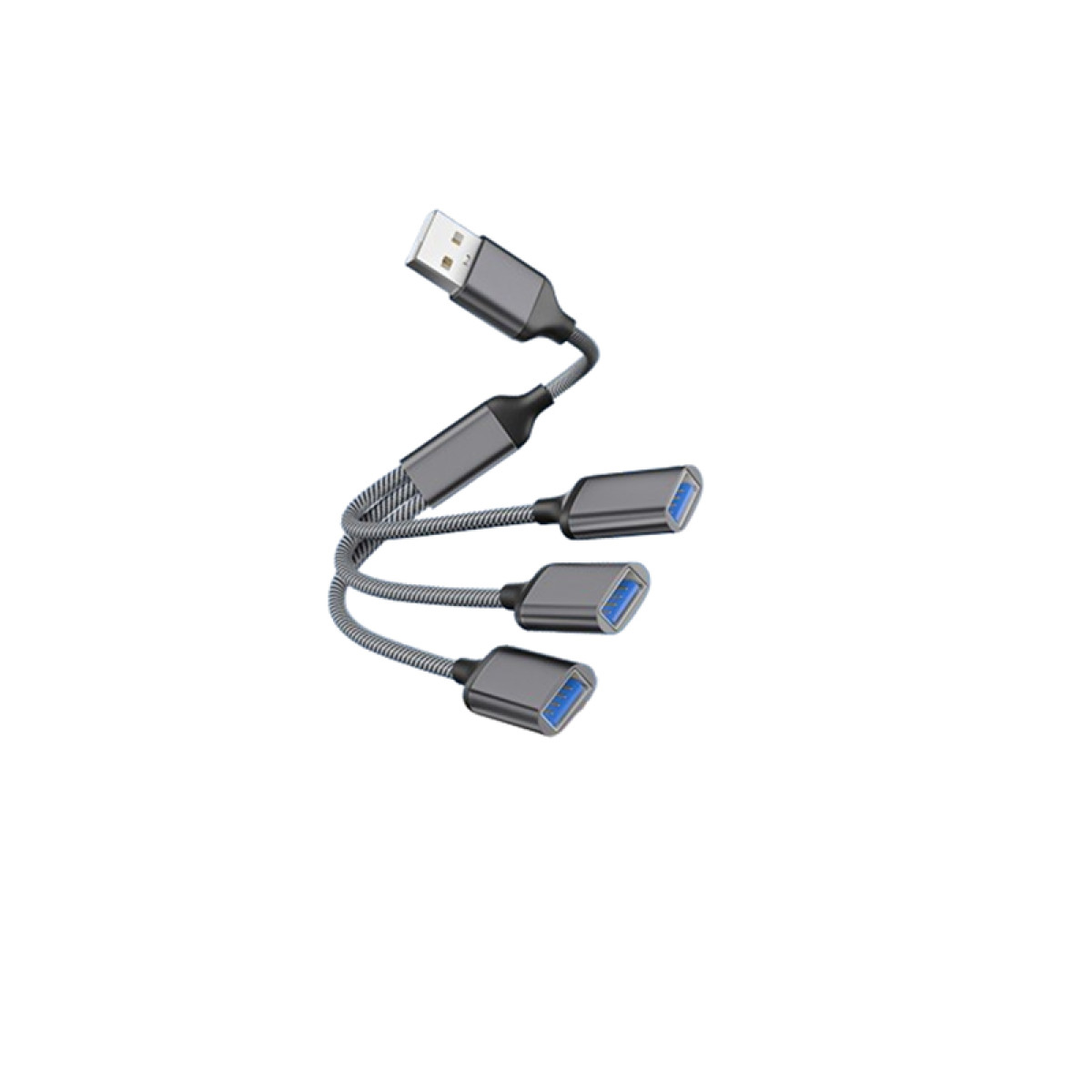 USB-Hub mit 3 Anschlüssen, grauem Kabel und weißem Hintergrund.
