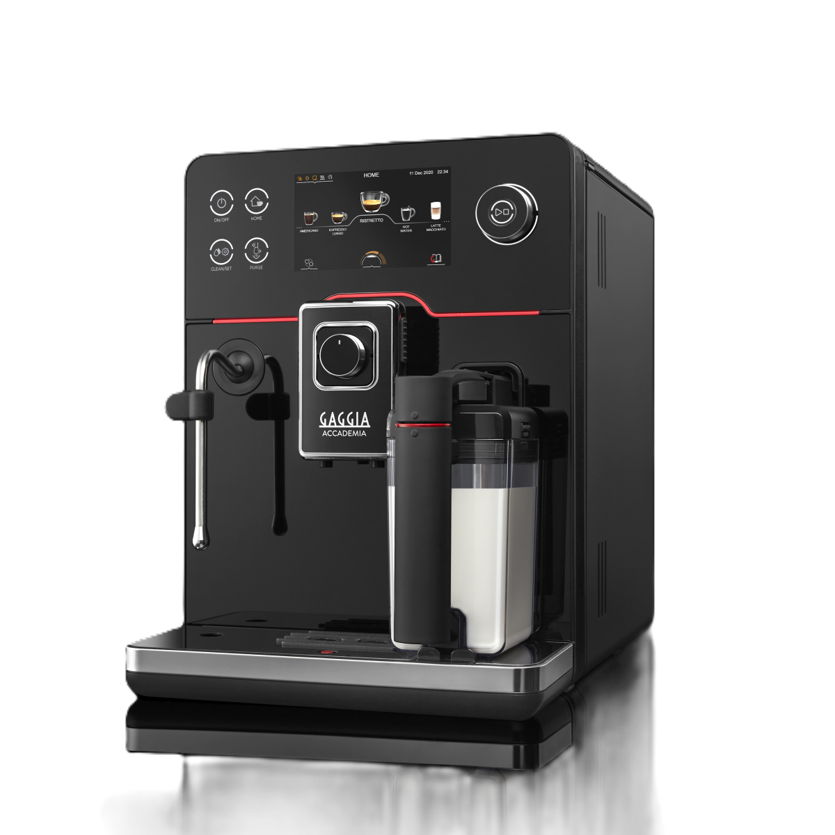 Eine schwarze Gaggia Kaffeemaschine mit Milchbehälter. Auf weißem Grund.