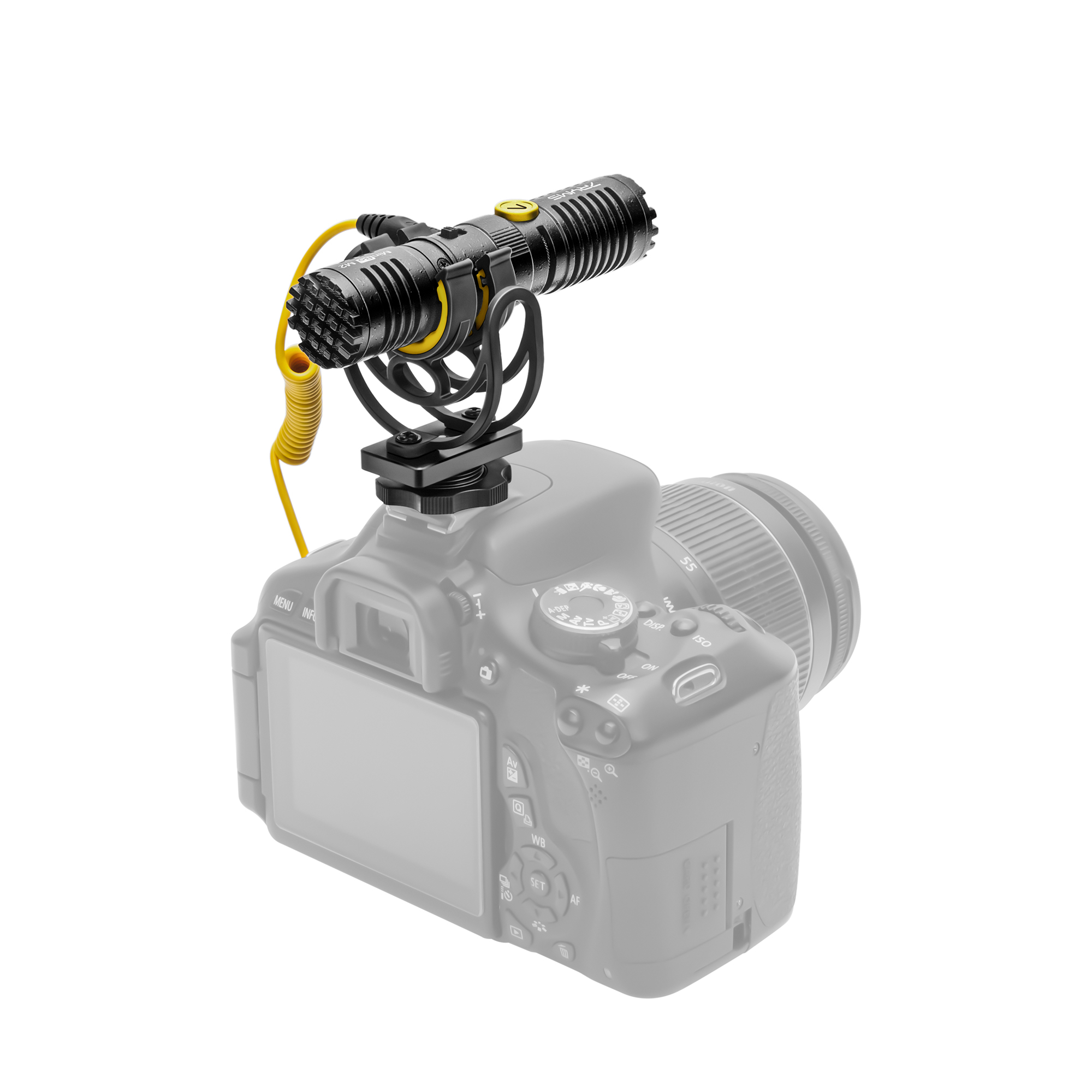 Camera on a desk, with a microphone attached. White background.