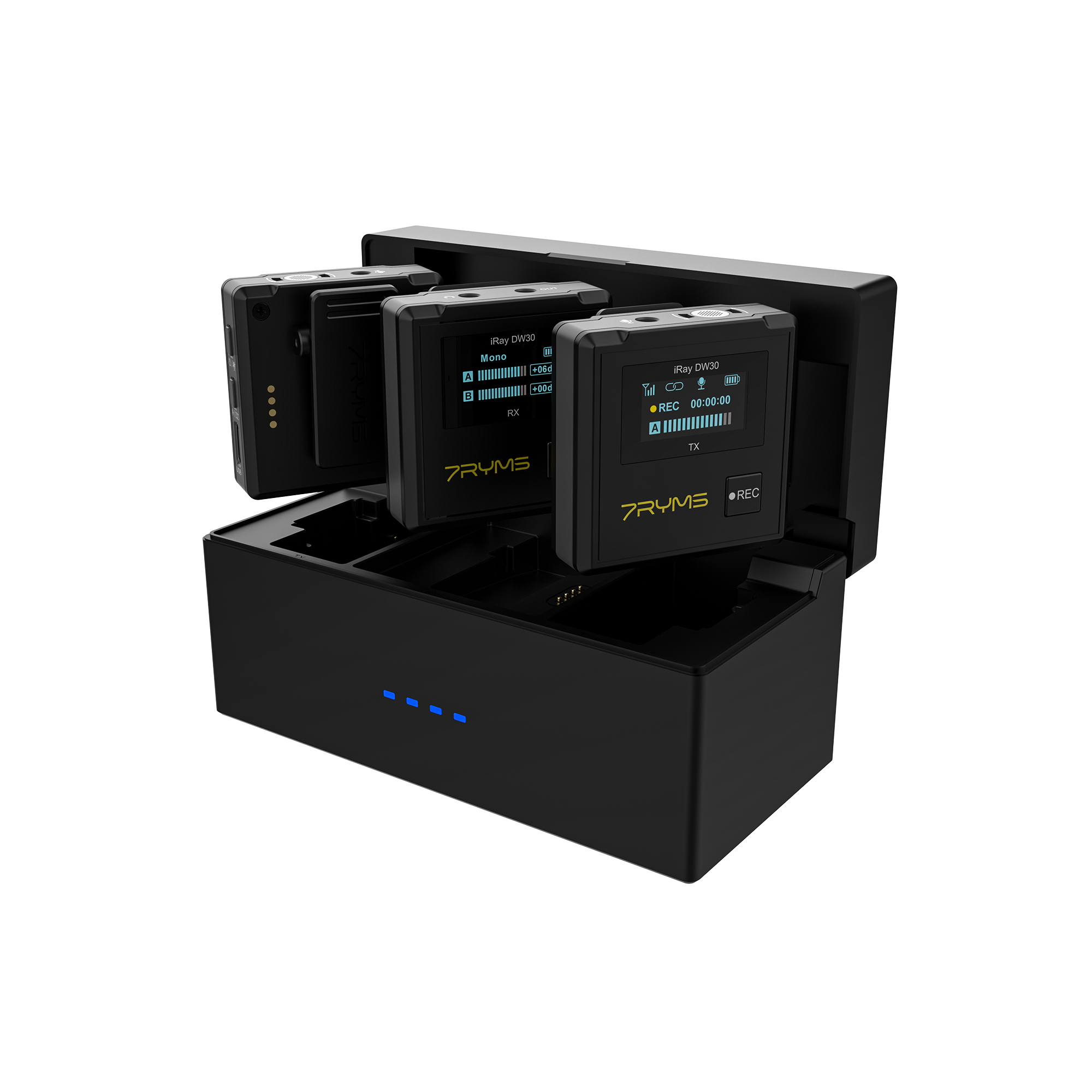 Three black audio receivers and a charging station. Each has a screen showing settings. The station is black.