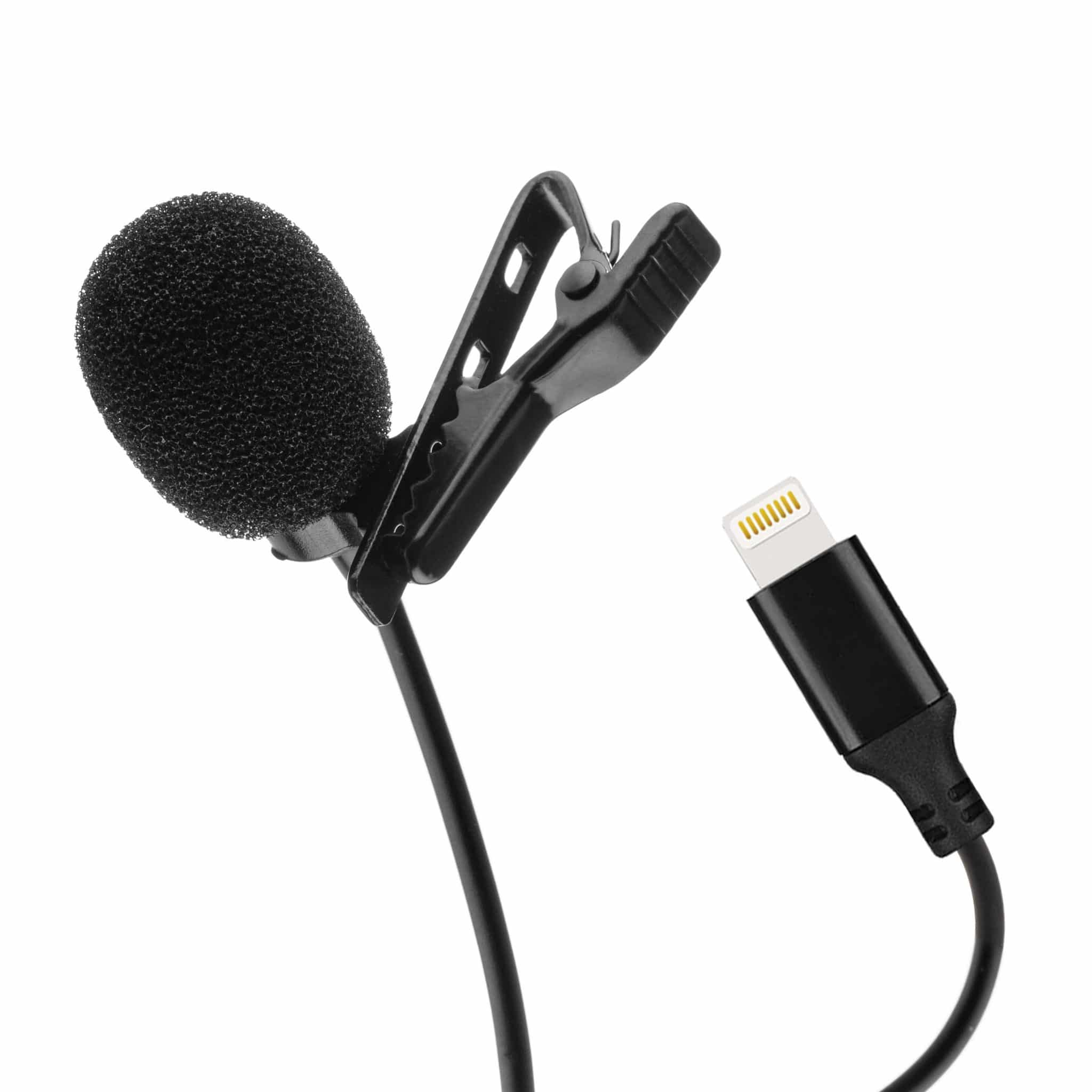 Ein schwarzes Mikrofon mit Clip und schwarzem Kabel wird mit einem weißen Lightning-Anschluss gezeigt.