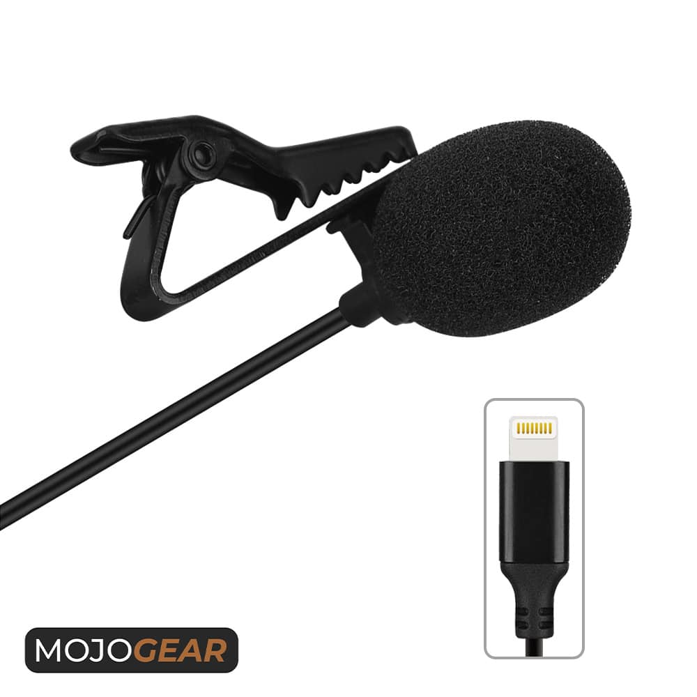 Schwarzes Mikrofon mit Clip-On und Lightning-Anschluss.