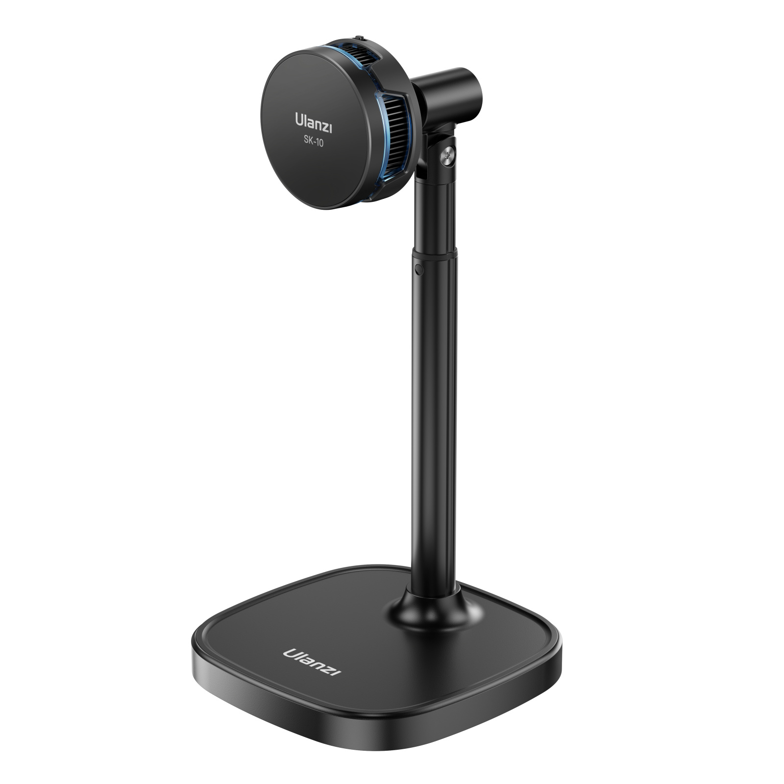 Support Ulanzi noir avec lumière ronde, sur fond blanc.