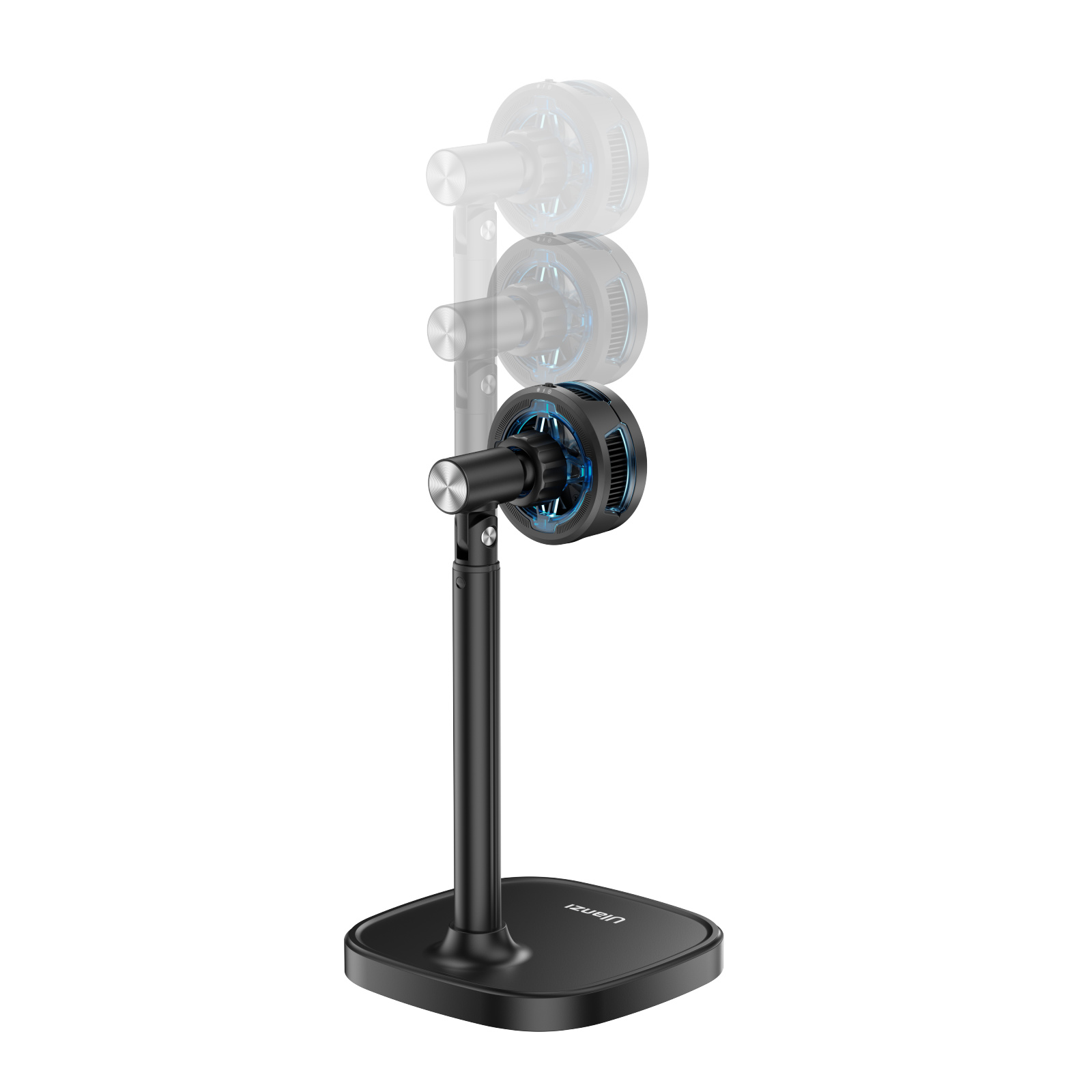 Ventilateur noir sur pied. Le ventilateur tourne et a des lumières bleues.