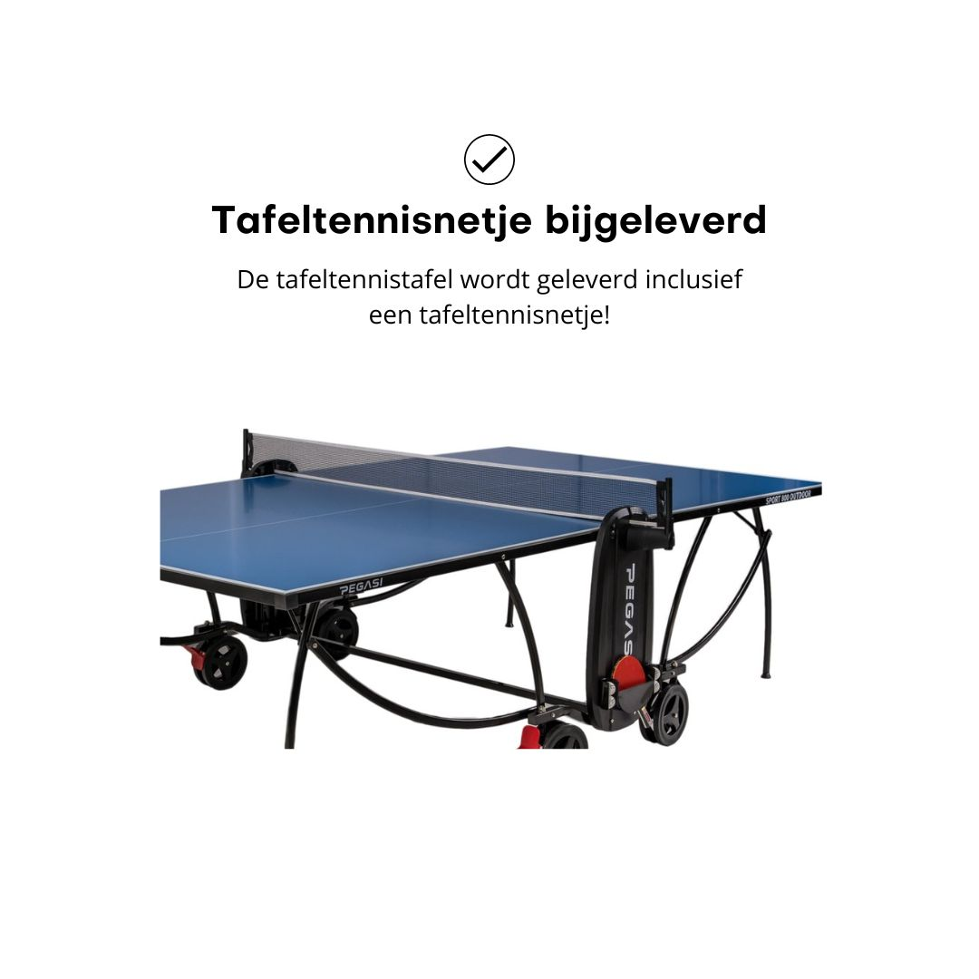 A blue ping pong table with a net is shown, with text indicating the net is included.
