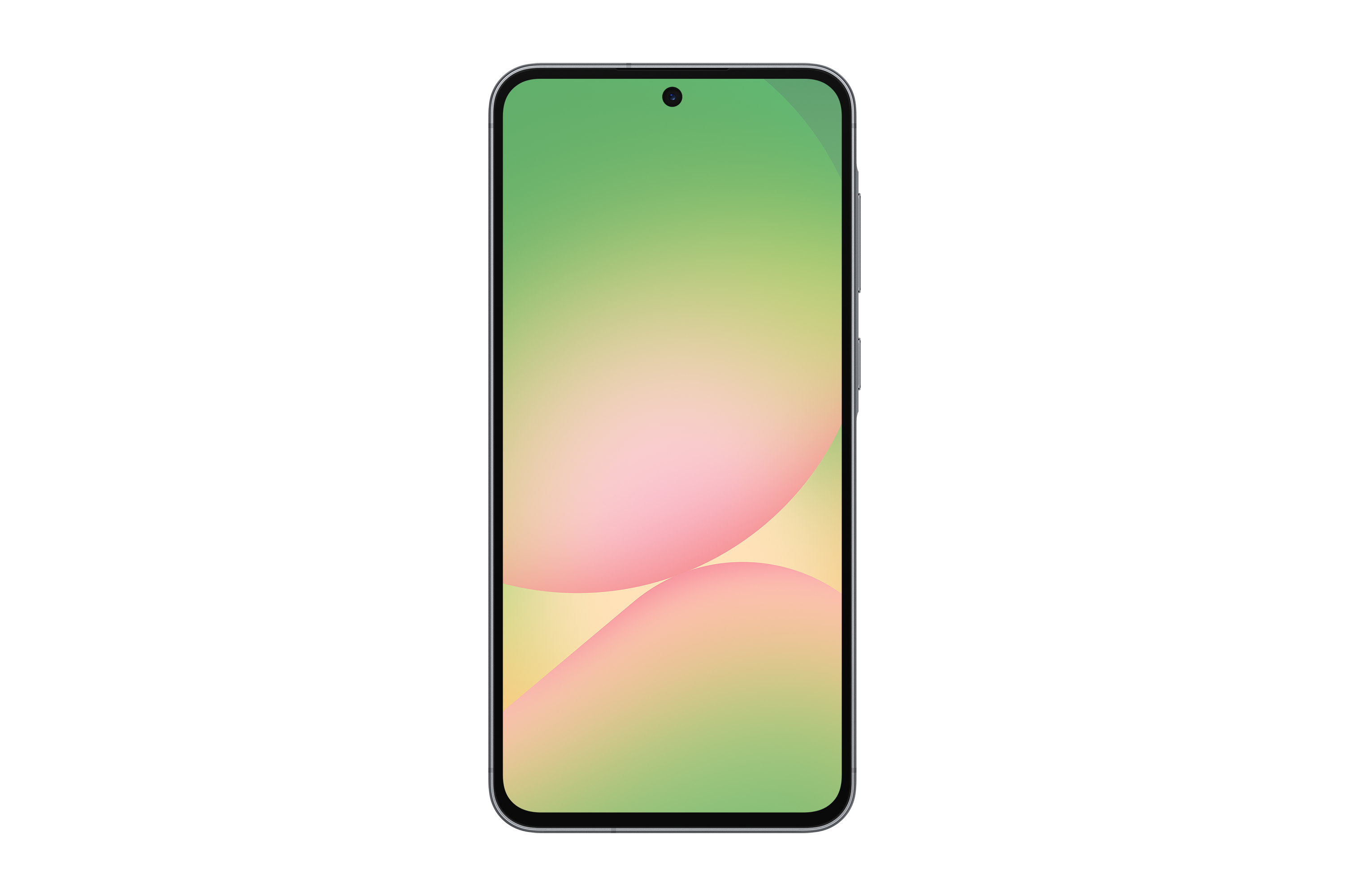 Smartfon z zielonym i różowym abstrakcyjnym tłem na ekranie.