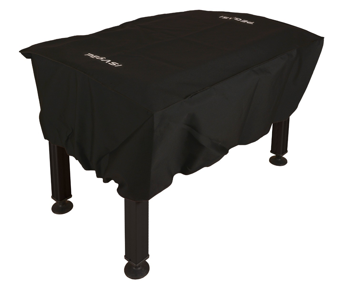 A black table tennis table cover with the word Pegasi in white letters.