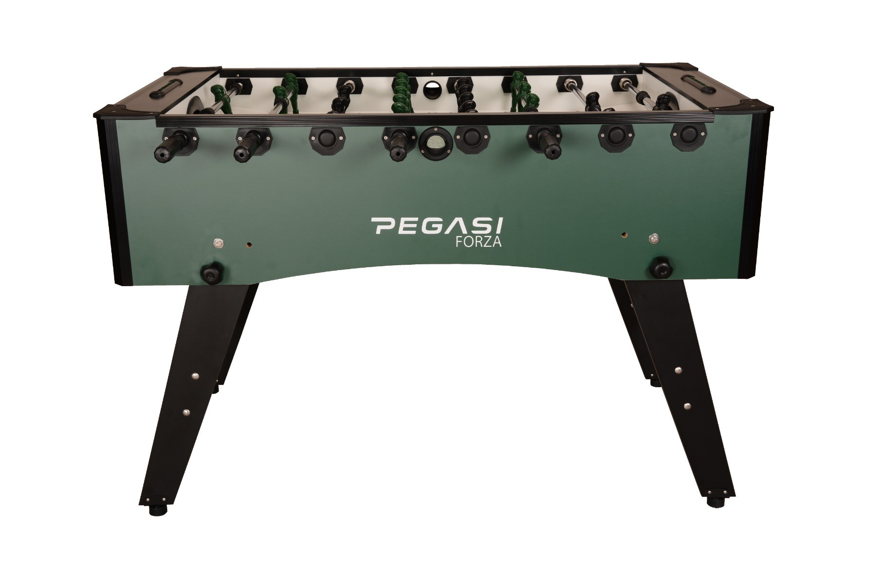 A green foosball table with black legs. The players are green and black. The table has a white background.
