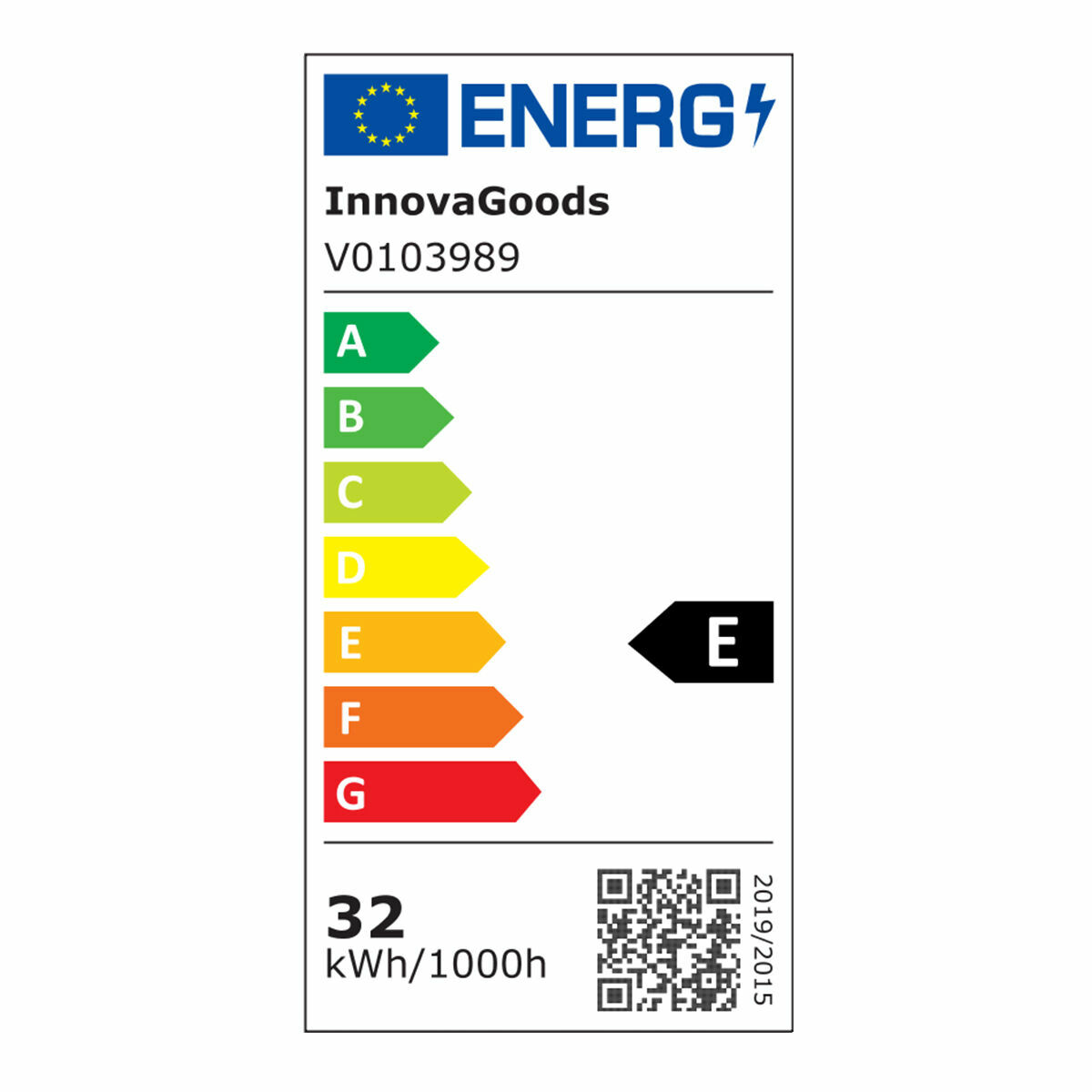 Etiqueta de eficiencia energética que muestra la calificación 'E'. Marca InnovaGoods en la parte superior.