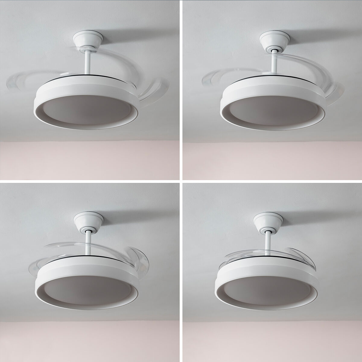 Un ventilador de techo blanco con cuatro vistas que muestran las aspas en diferentes posiciones.