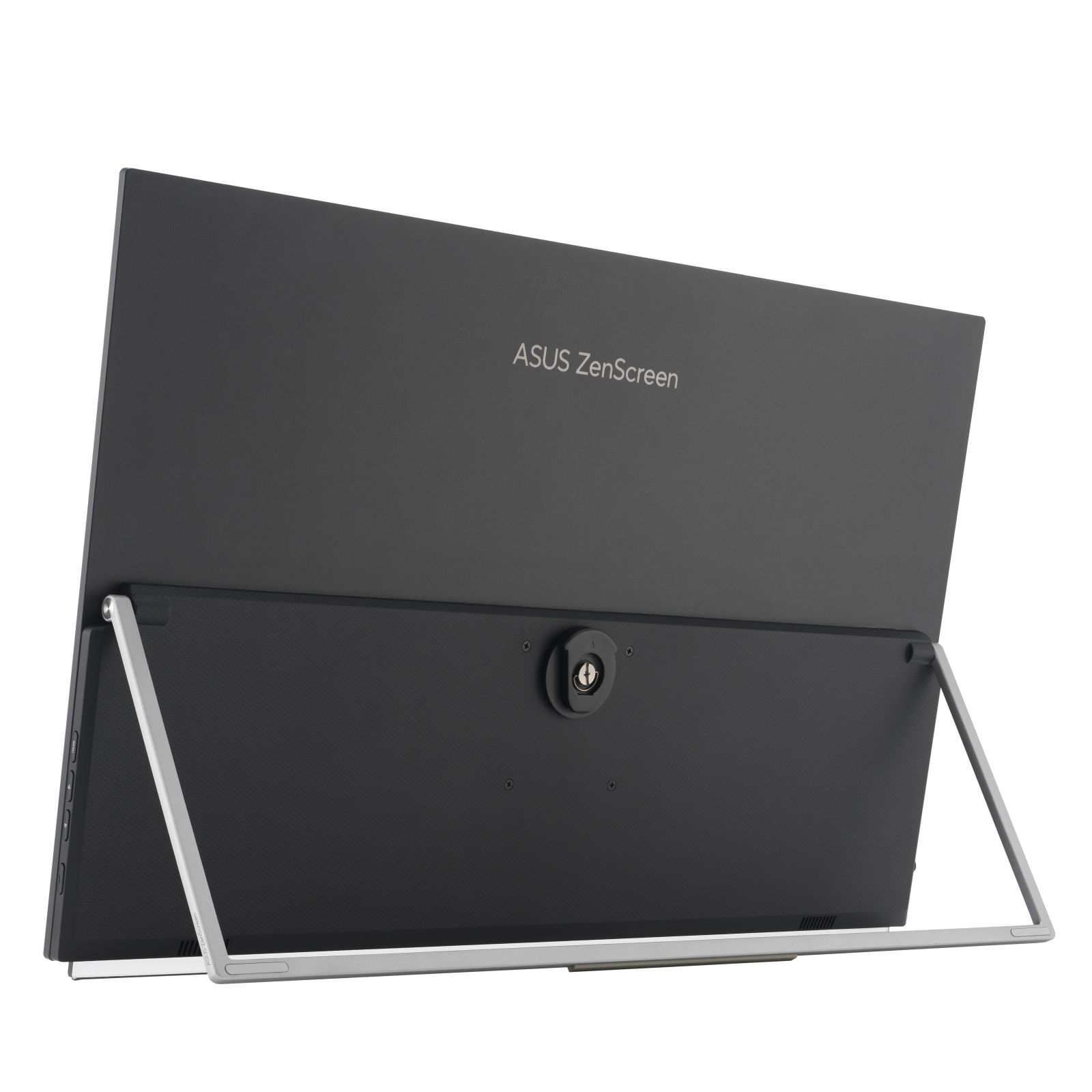Gümüş ve siyah bir ASUS ZenScreen monitör, açılı arka görünüm, standı ve arkası gösteriliyor.