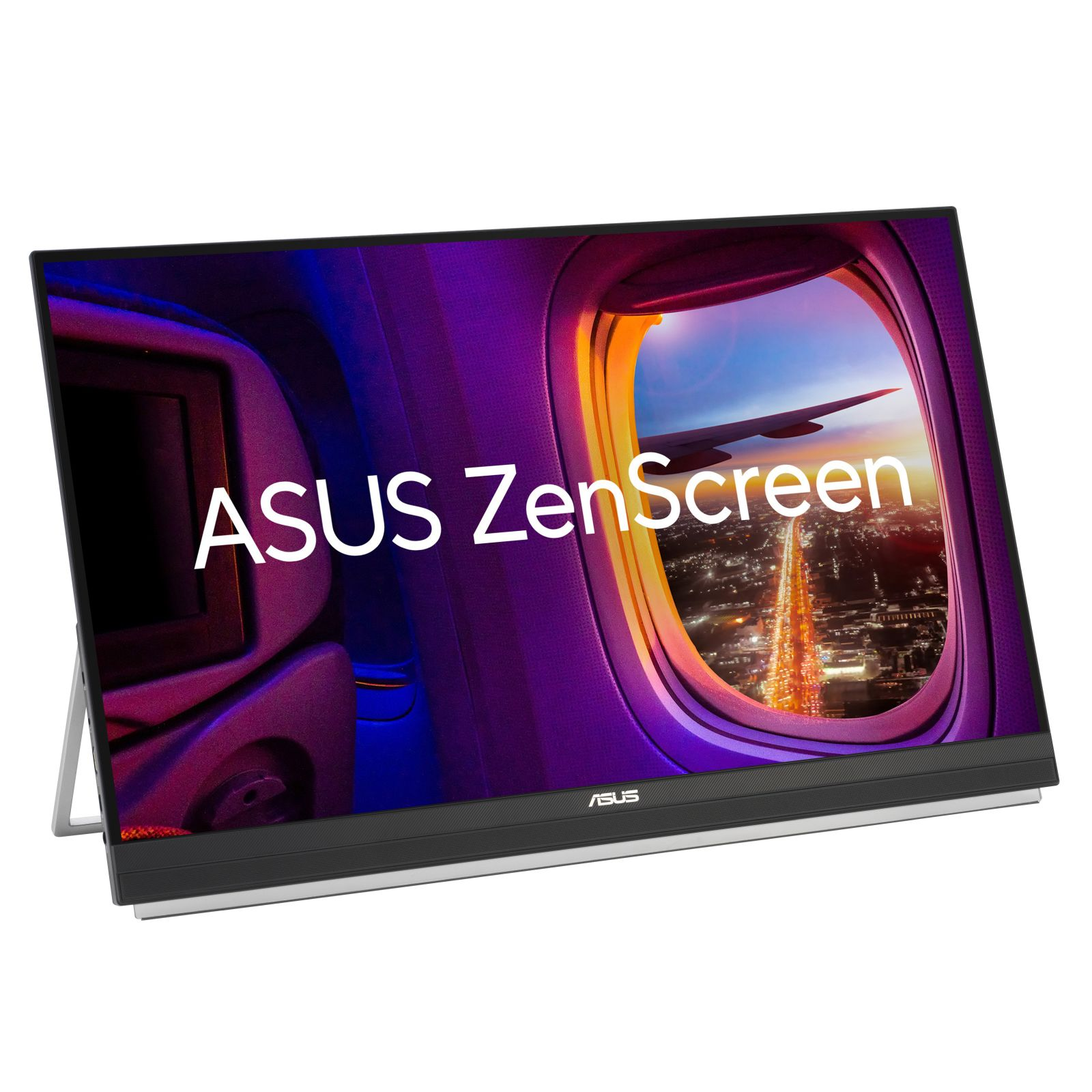 Şehir manzaralı bir pencere görünümüne sahip ASUS ZenScreen taşınabilir monitörü.