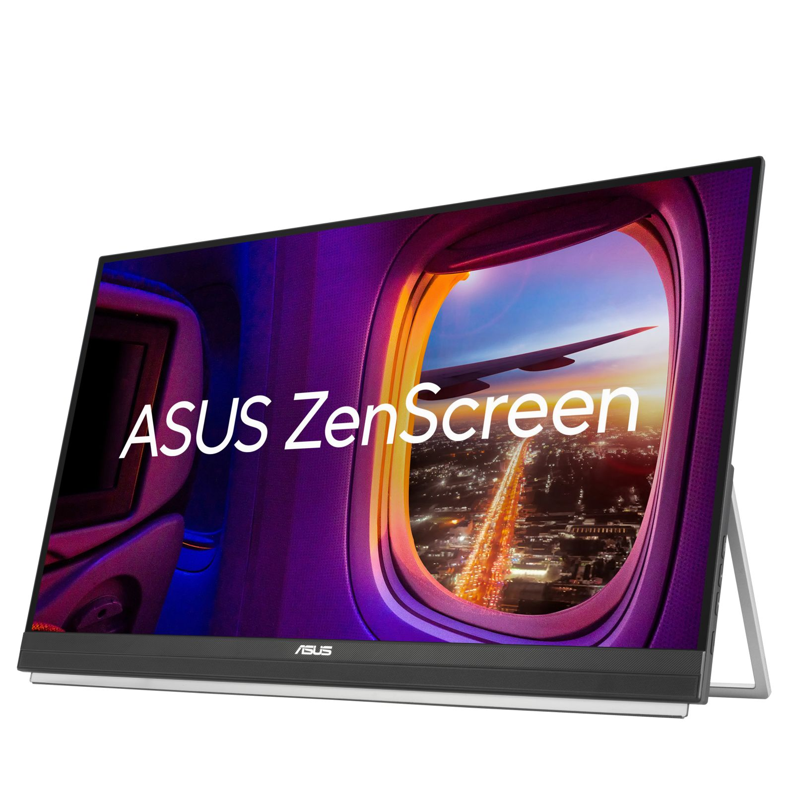 Uçak penceresi görünümünü gösteren bir ekrana sahip bir ASUS ZenScreen monitör. Monitör bir stand üzerinde.