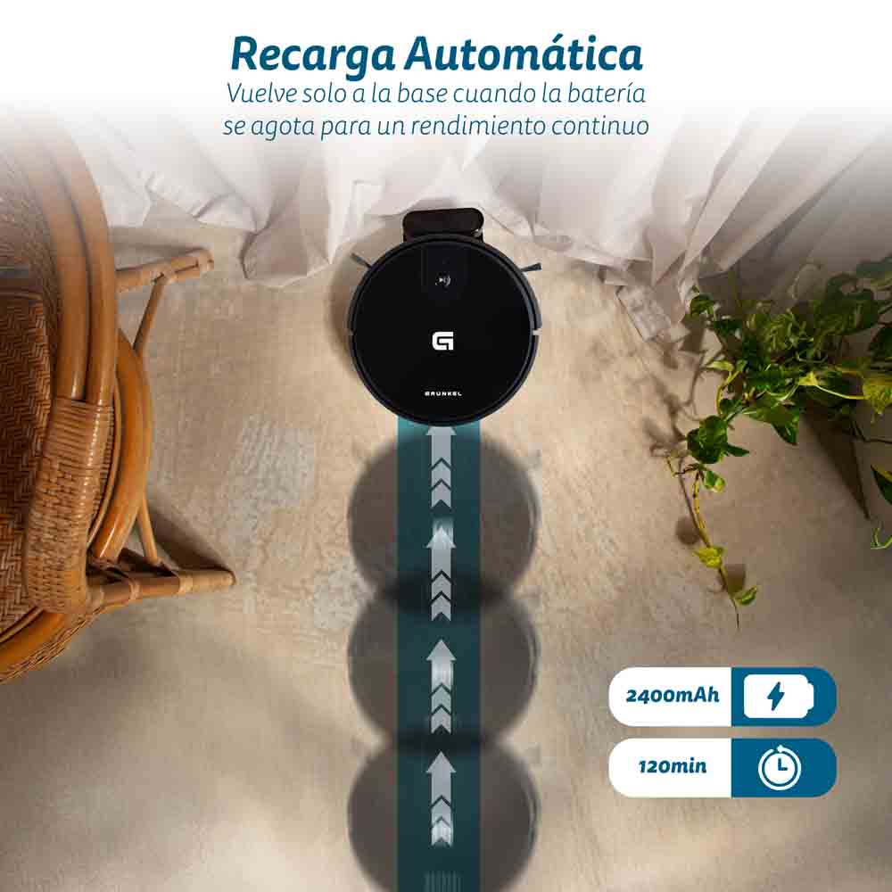 Aspiradora robot negra limpiando una habitación con texto en español.