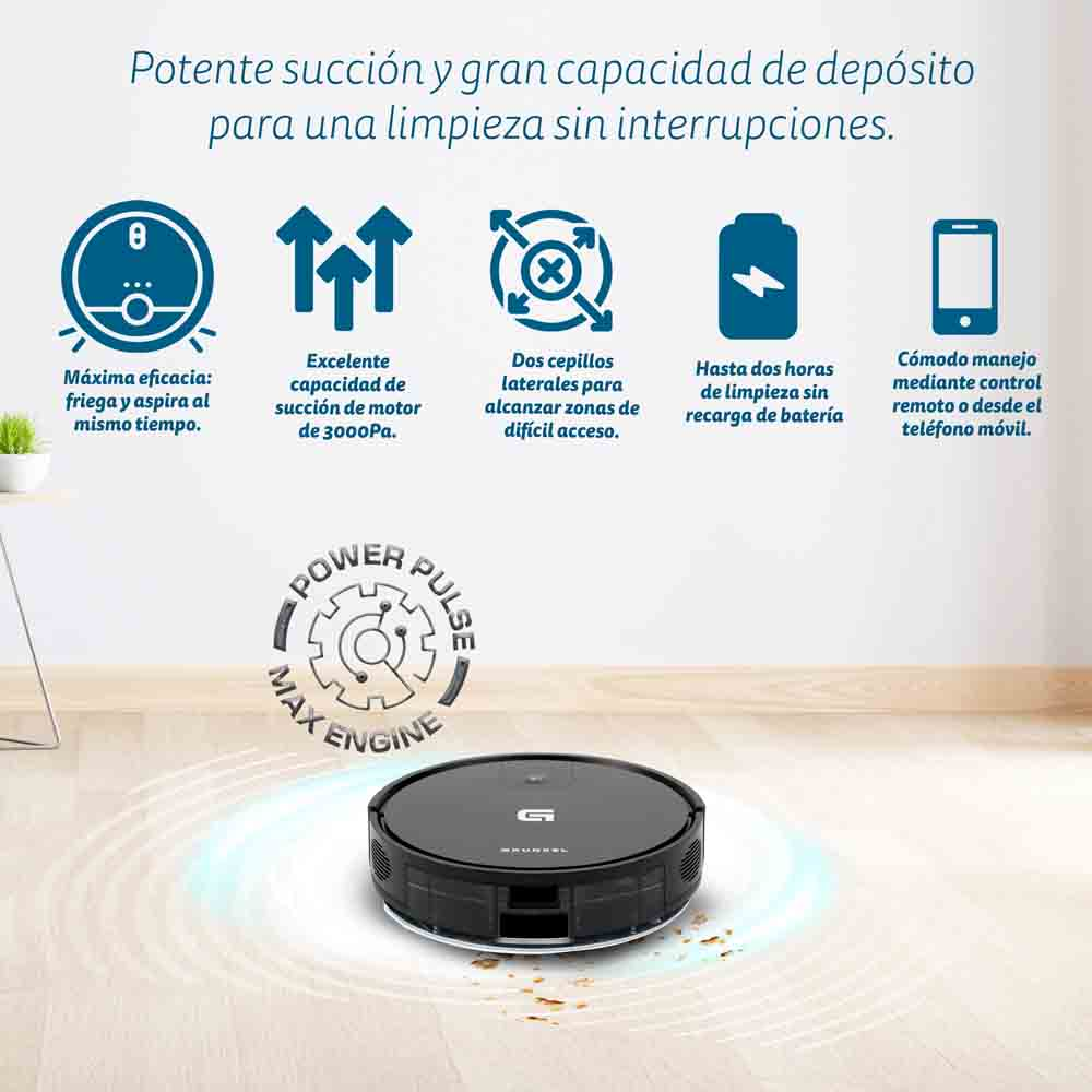 Robot aspirador en un suelo con texto e iconos. Los iconos muestran varias características del limpiador.