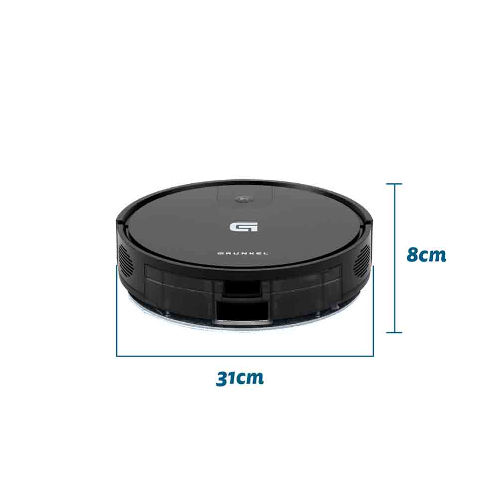 Aspiradora robot negra con dimensiones. Tiene forma redonda.