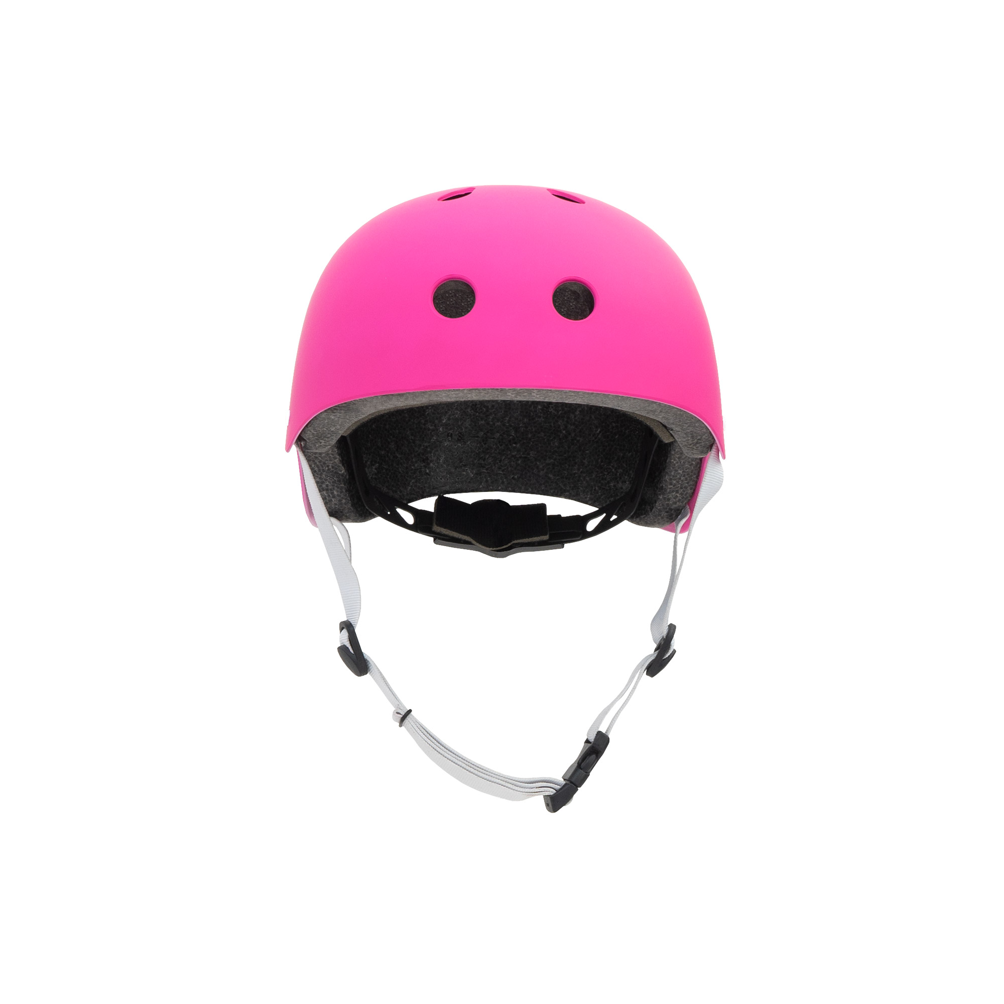 Casco rosa con tres orificios de ventilación. Correas blancas con clips negros.
